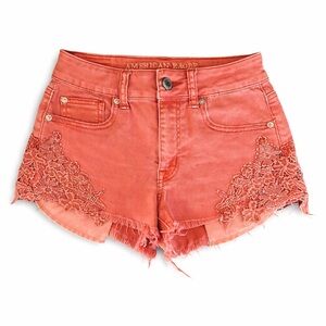 American Eagle Hi Rise Festival Lace Trim Denim Shorts Coral Pink Womens Size 0